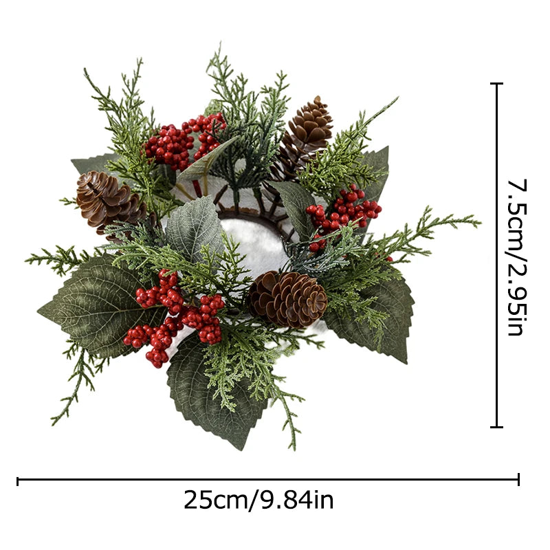 25cm Artificial Pine Needle Red Berry Candle Rings Candlestick Wreath Fake Leaves Christmas New Year Table Decoration Props