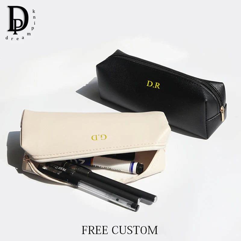 Business Office Custom Name Pencil Case Box Simple Student Zipper Pen Holder Engrave Initials Make Up Brush Cosmetic Storage Bag