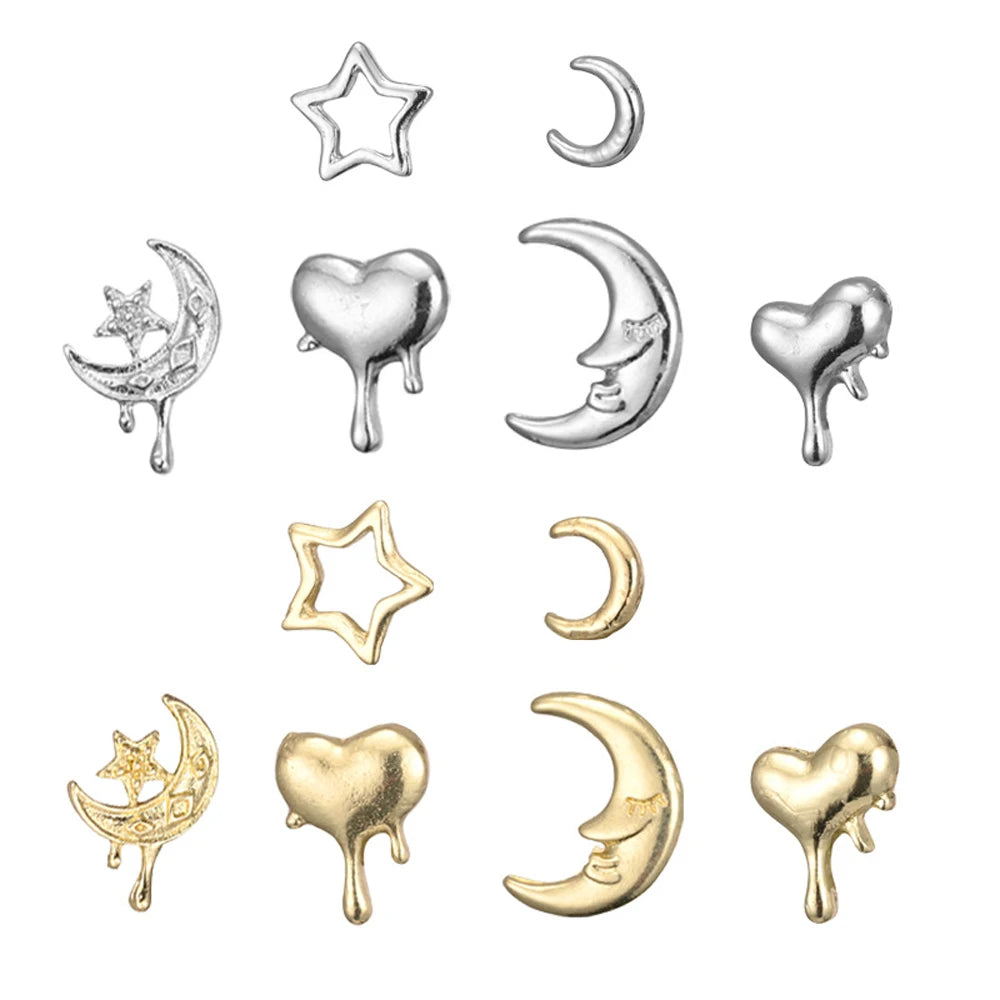 20Pcs Alloy Moon Nail Art Charm 3D Gold Silver luxurious Star Lava Heart Love Metal Nail Ornament DIY Exquisite Nail Accessories