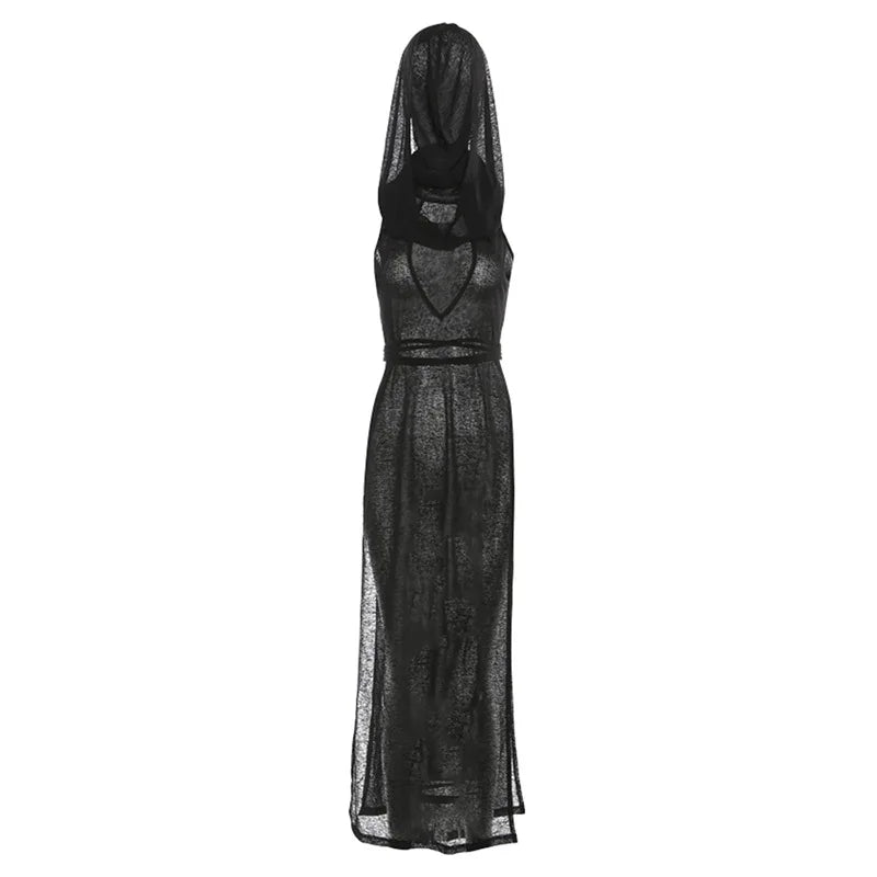 Gothic Summer High Street Travel Cool Confident Black Mysterious Sexy Open Avant-garde Sexy Hot Cool Women's Hooded Dress