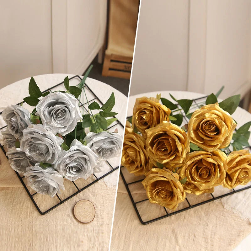 10 Heads Golden Silver Rose Artificial Flower DIY Wedding Floral Arrangement Material Silk Bridal Bouquet Home Decor Photo Props