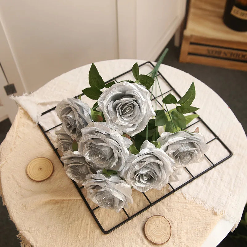 10 Heads Golden Silver Rose Artificial Flower DIY Wedding Floral Arrangement Material Silk Bridal Bouquet Home Decor Photo Props