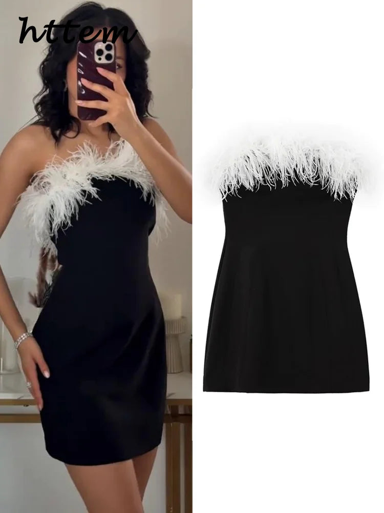 Sexy Strapless Feather Patchwork Short Party Dress Women Slim Sleeveless Backless Hip Package Dresses 2024 Lady Chic Ball Gowns