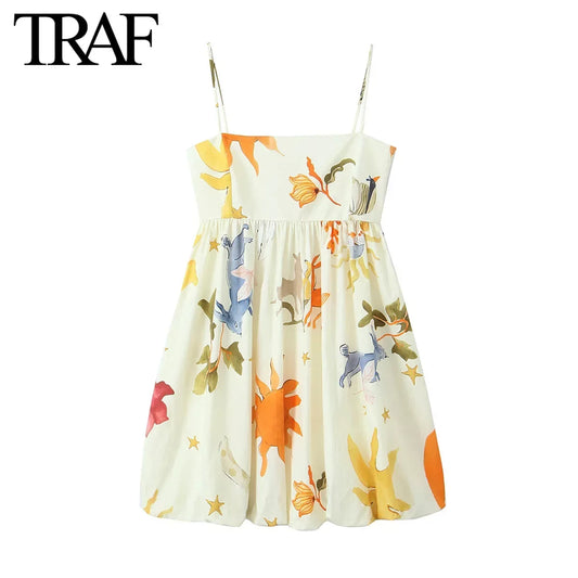 TRAF Women Fashion Summer Printing Loose Side Zip Sleeveless Backless Sling Mini Dress Chic Female French Elegance Evening