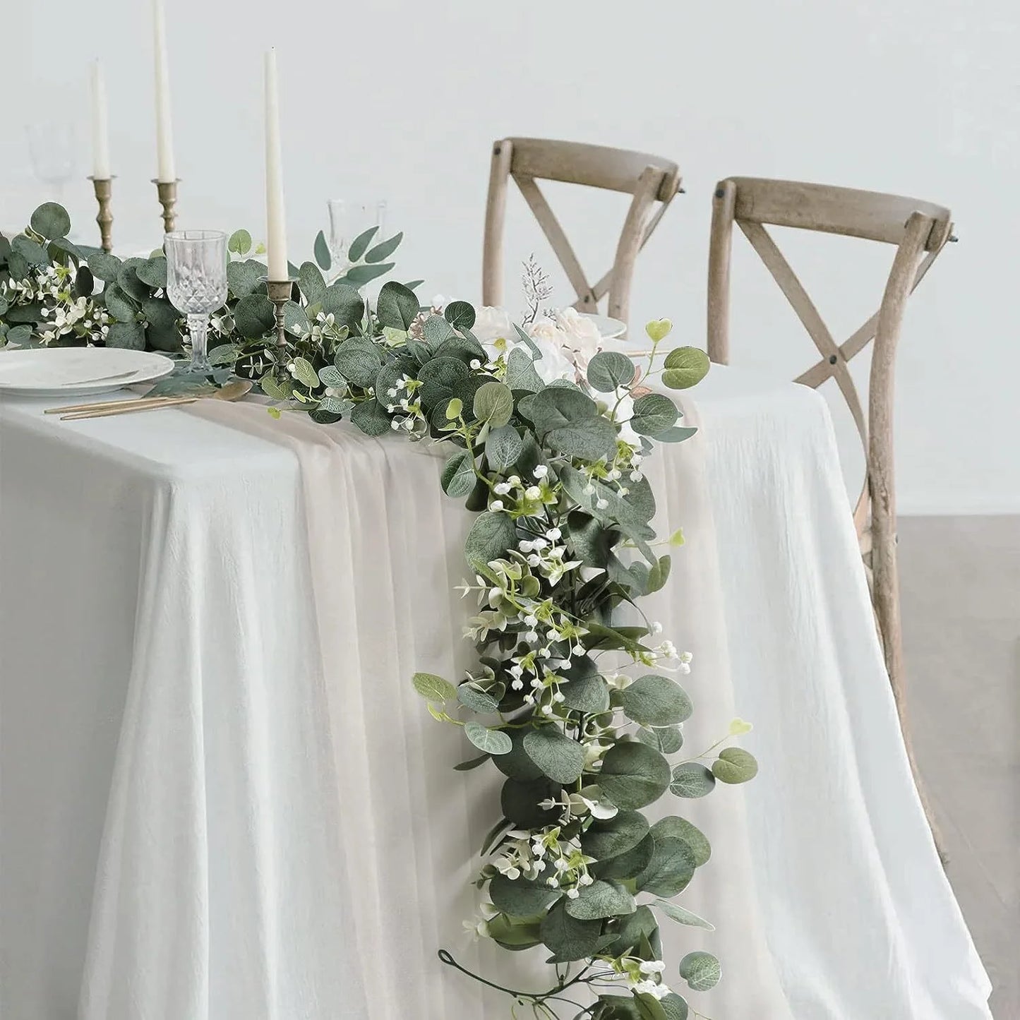 Artificial Eucalyptus Leaves Greenery Garland Faux Plant Spring Vines with White Flowers Berries for Wedding Home Party Deco