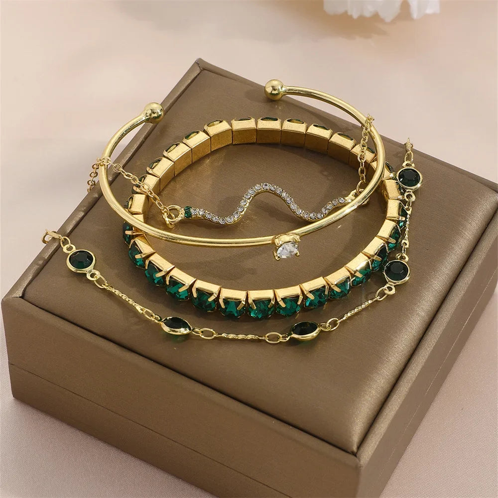 SnakeGem: Luxurious 4-Piece Green Gemstone Bangle Set – Your Ultimate Party Accessory