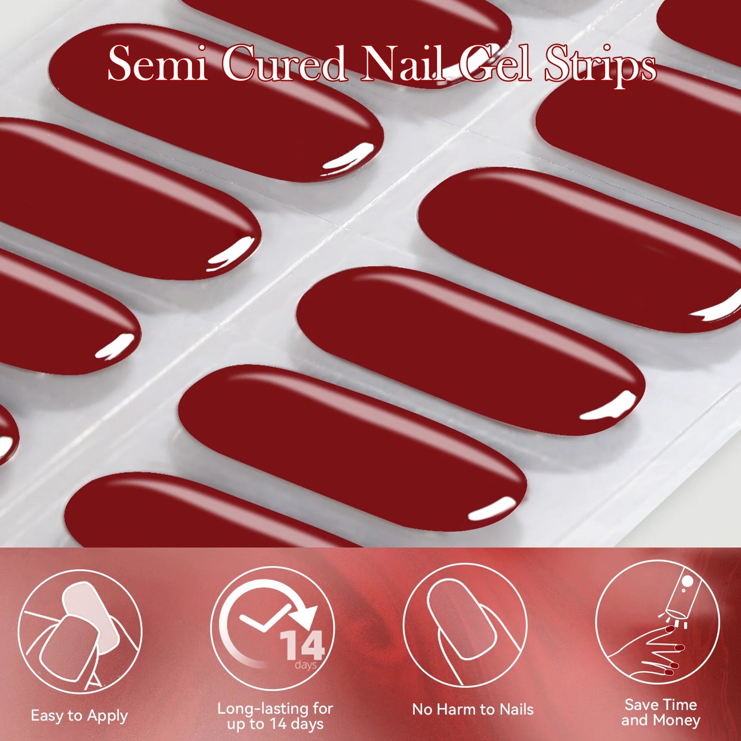 Harunoura Red Series Semi Cured Gel Nail Strips Maroon Gel Polish Nail Stickers Waterproof Long Lasting Stickers for Nails Decor