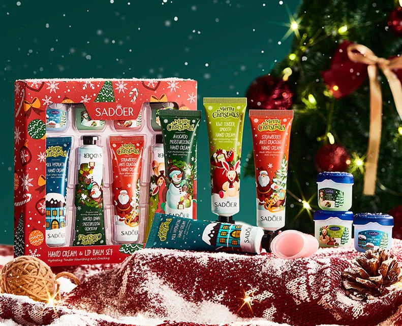 SADOER Christmas Moisturizing Repair Anti-Cracking Hand Cream + Lipstick Combination Kit moisturizing nourishing lip balm - Surpriseshopper.com