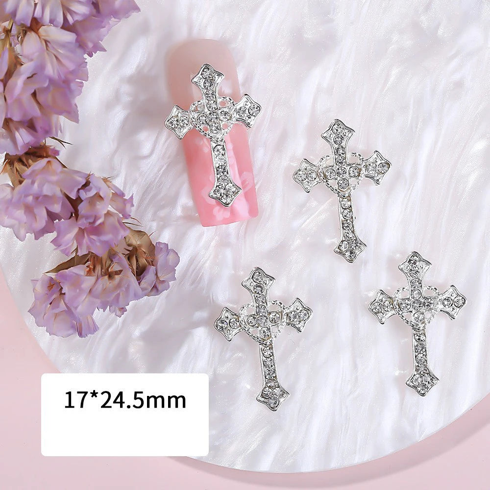 5pcs Luxury Silver Big Cross Nail Art Charm 3D Alloy Full Glitter Pink/White Diamond Nail Decoration DIY Retro Nail Accessories