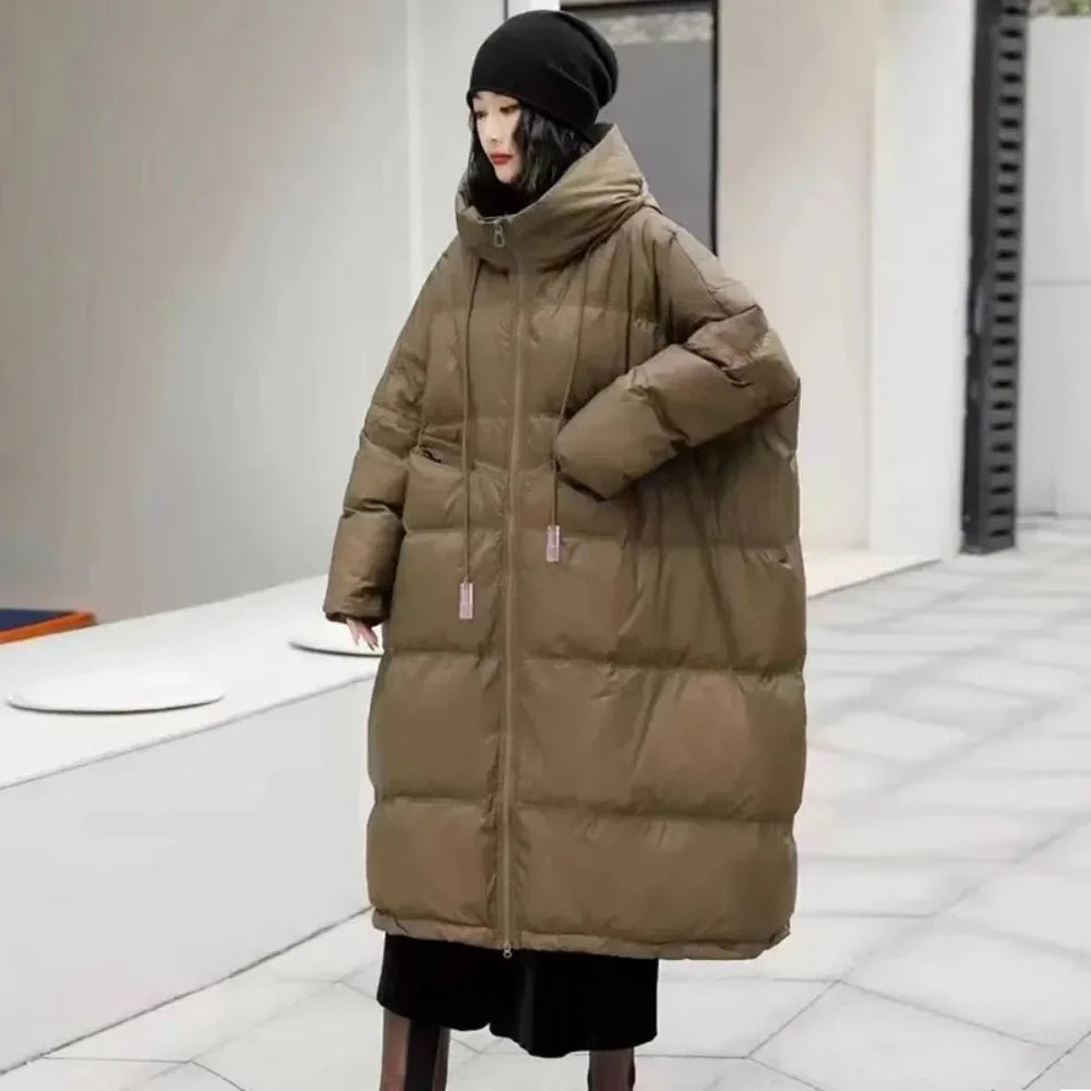 2024 New White Duck Down Jacket Hooded Winter Women Oversize Long Puffer Coat Female Thick Warm Loose Parkas Outwear Pockets - Surpriseshopper.com