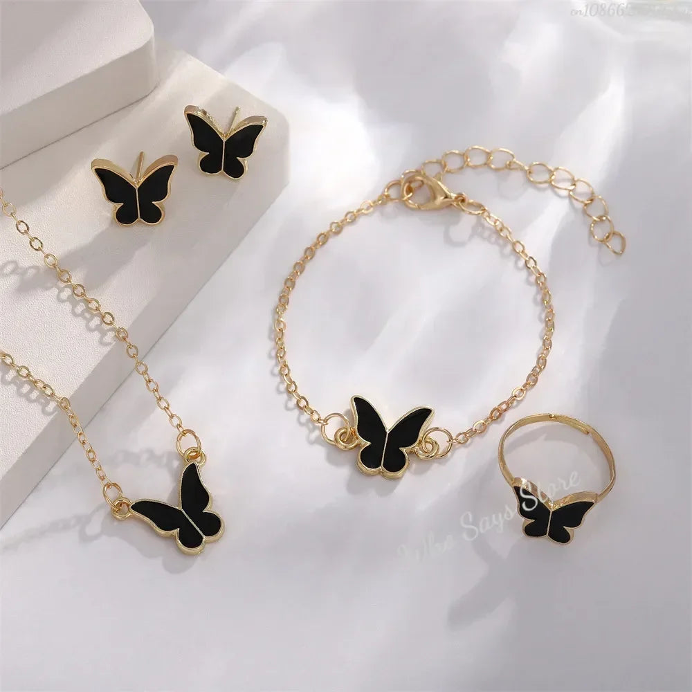 Butterfly Jewelry Sets Crystal Acrylic Romantic Bracelet Ring Necklace Earring Set for Women Wedding Dinner Dress Accessories