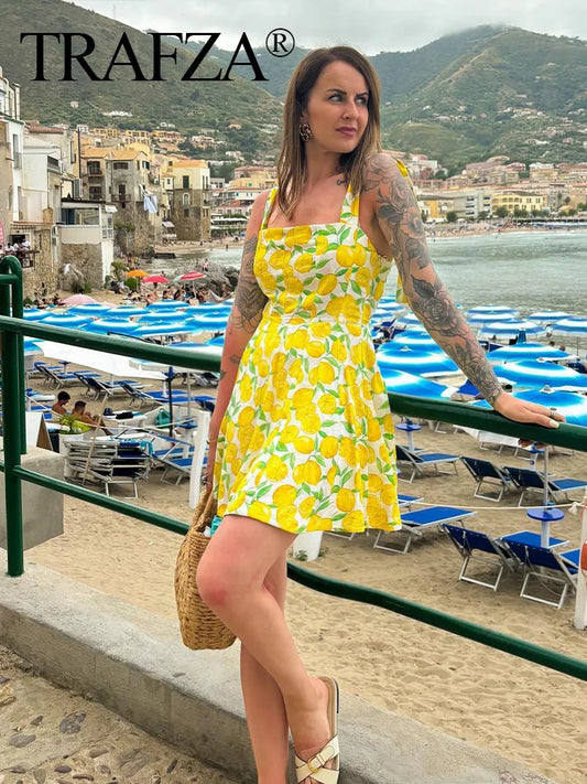 TRAFZA 2024 Women Chic Yellow Lemon Printed Mini Dress Summer Woman With Zipper Bow Sleeveless Strapless A Line Vestido TRAF