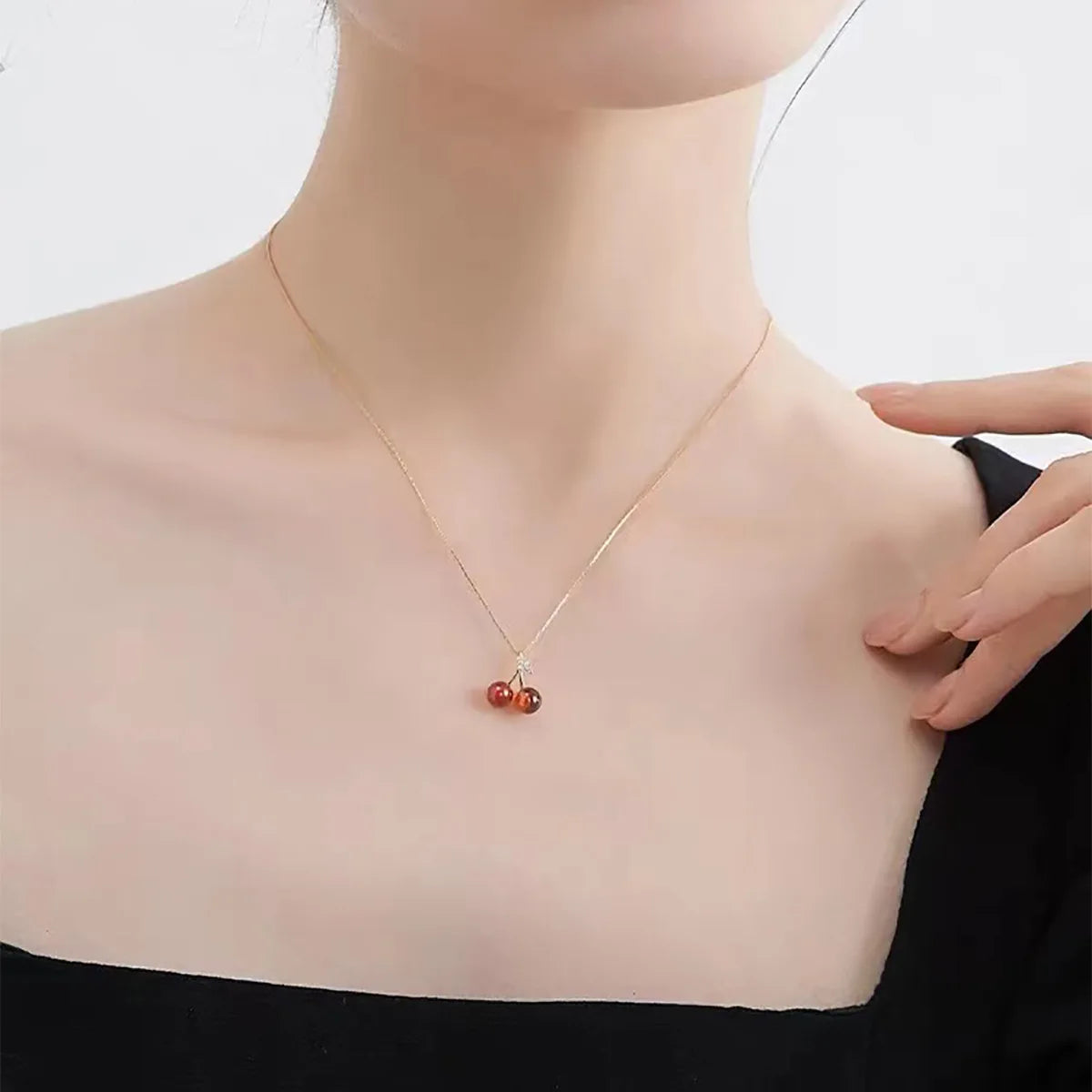 Little Wine Red Cherry Pendant Necklaces For Women Fashion Personality Fruit Golden Chain Necklace Party Jewelry Birthday Gifts