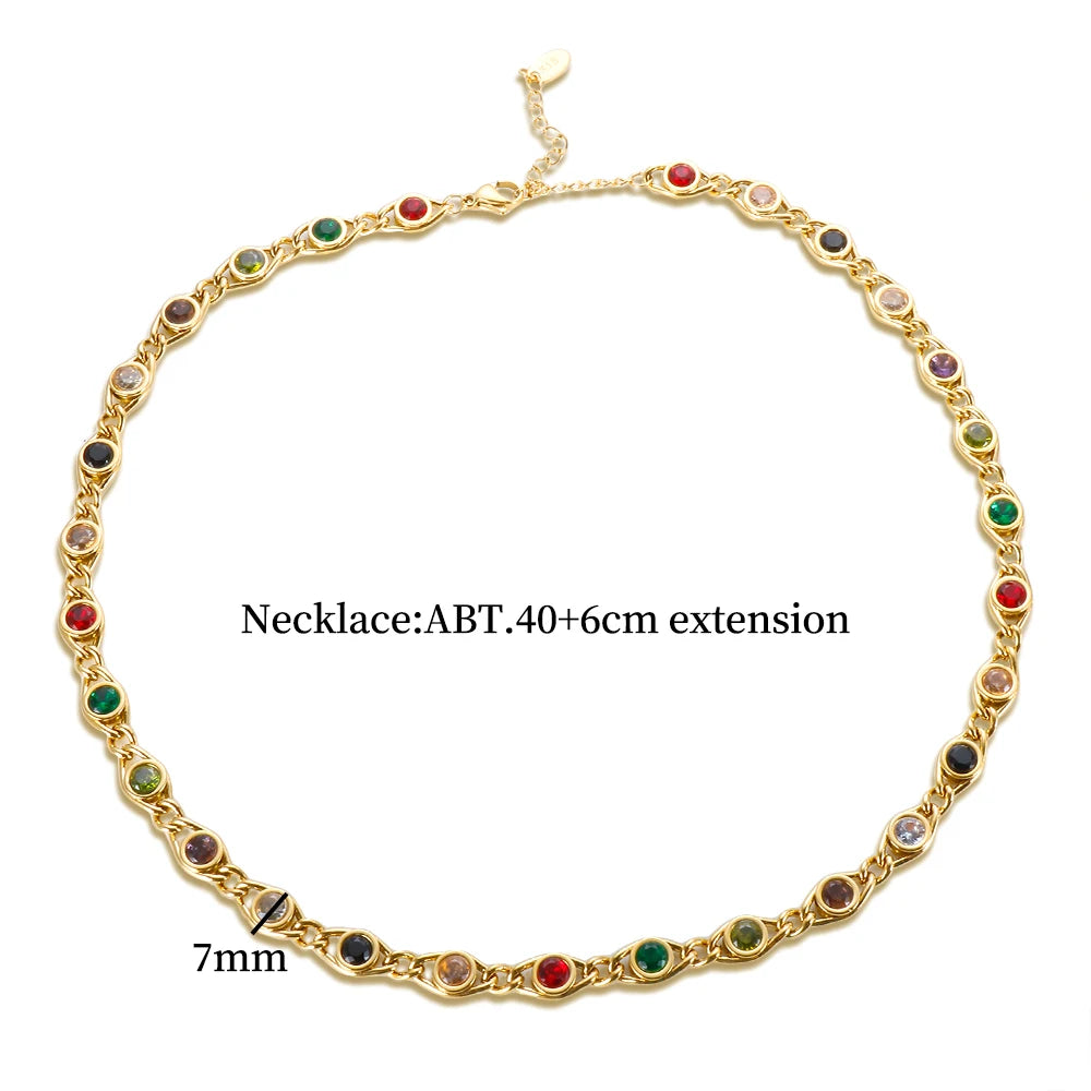 Trend Colorful Cubic Zirconia Panel Bracelet Necklace For Women Gold Color Stainless Steel Crystal Fisheye Jewelry Set 2023 New