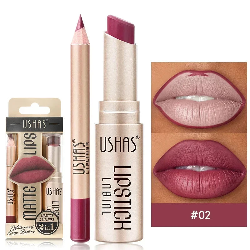 2 In 1 Korean Kiss: Waterproof Lip Liner Lipstick