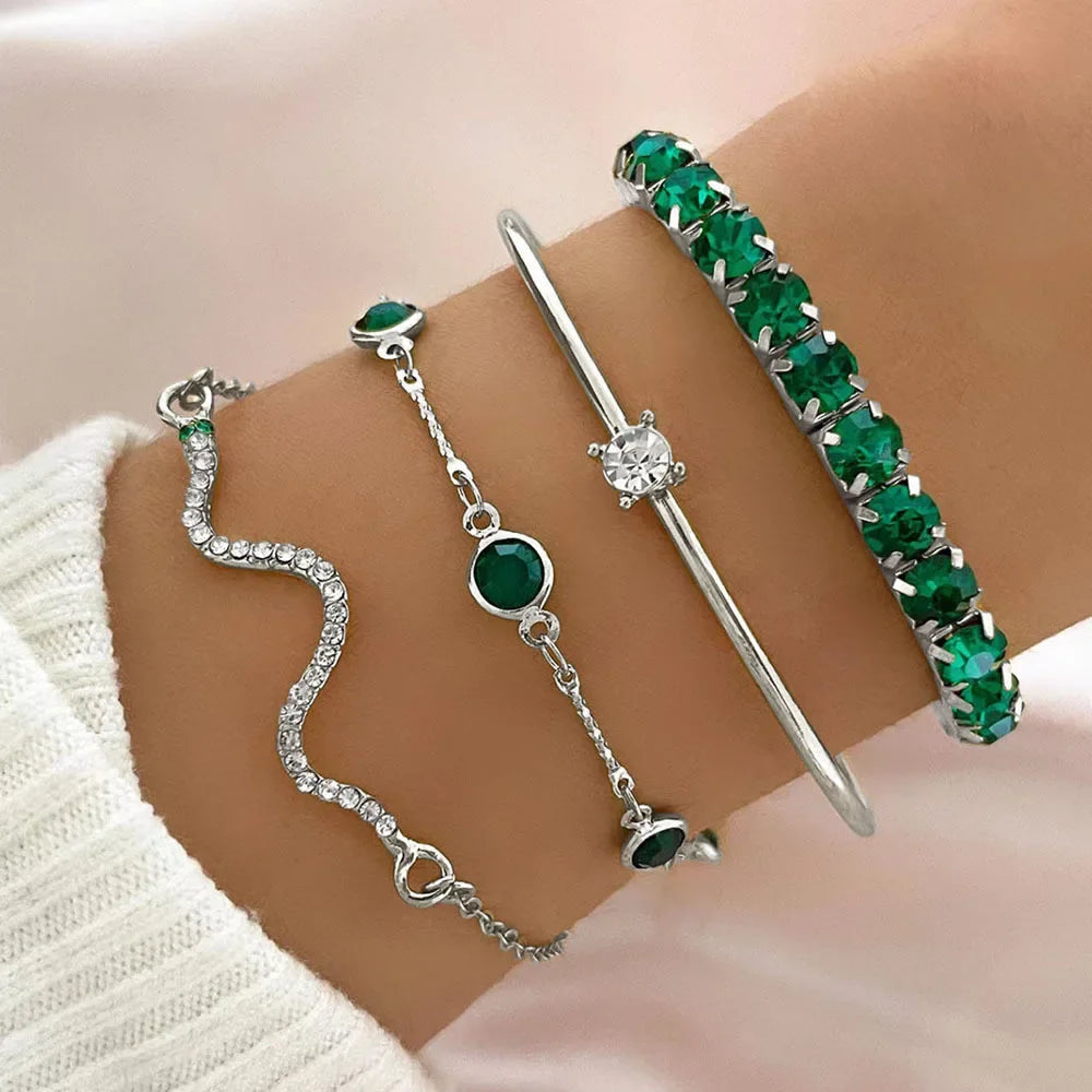 SnakeGem: Luxurious 4-Piece Green Gemstone Bangle Set – Your Ultimate Party Accessory