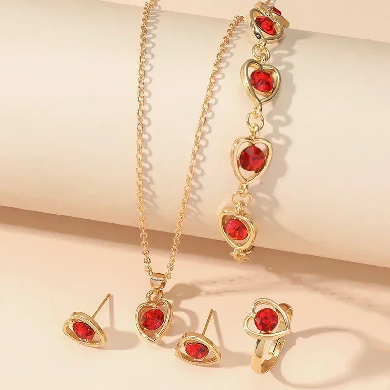 5PCS Set Gold-Color Heart Shaped Jewelry Sets Of Ring Earrings Necklace For Women Elegance Rhinestone Double Heart Jewelry